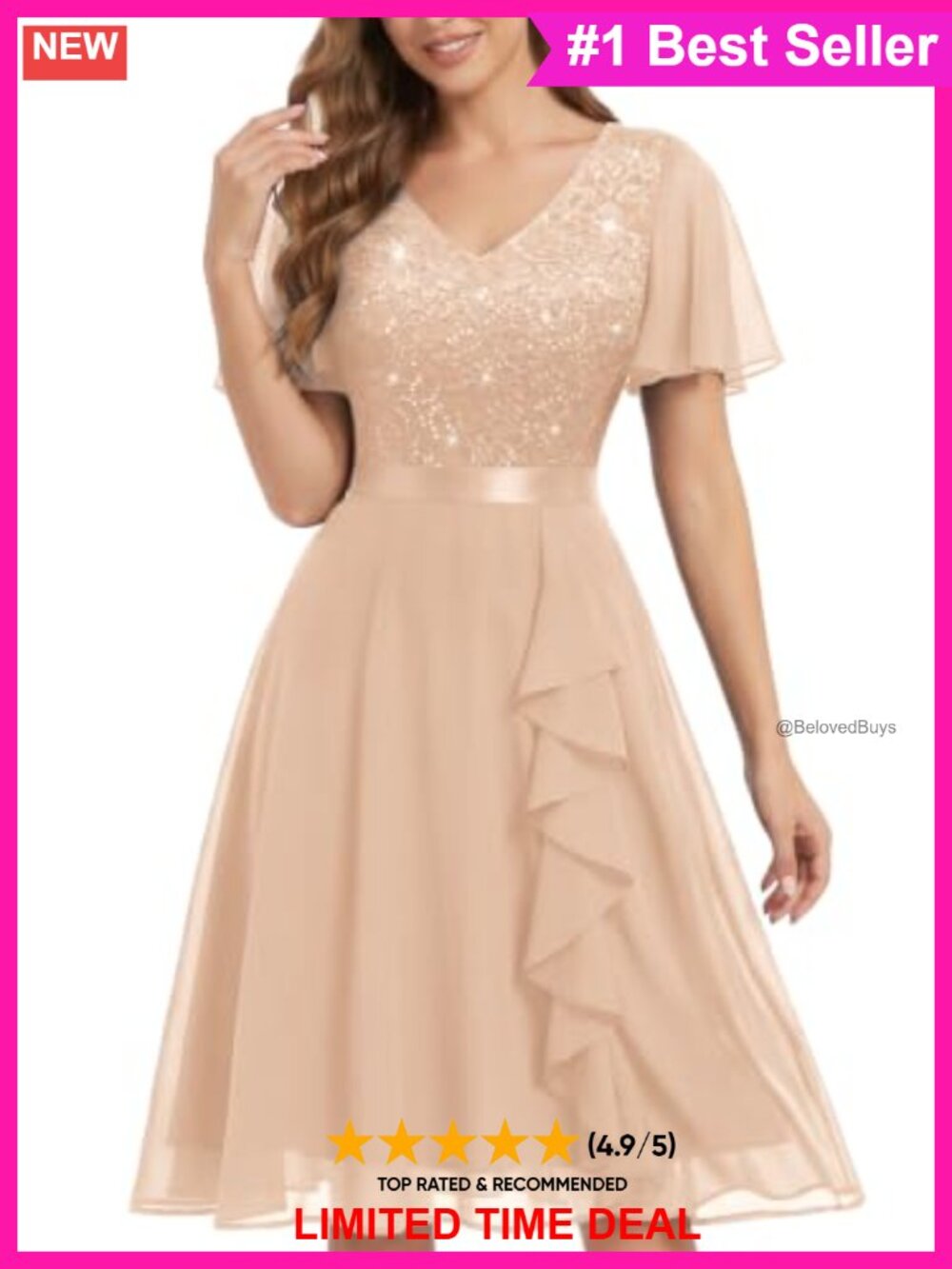 Sequin Lace V-Neck Flutter Sleeve Ruffle A-Line Party Dress